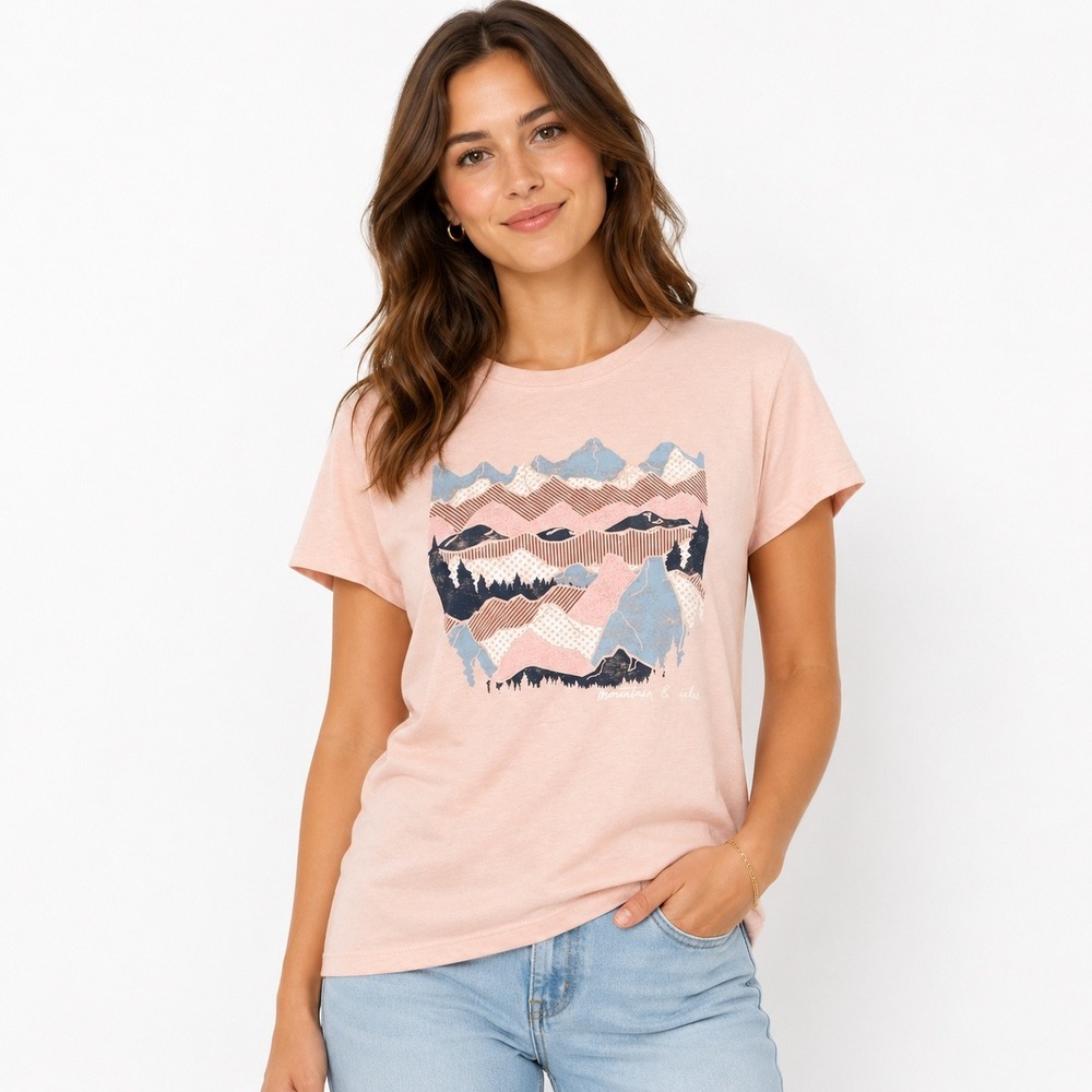 Mountain and Isles T-Shirt Large Peach Pink Graphic Mountain Print Crew Neck